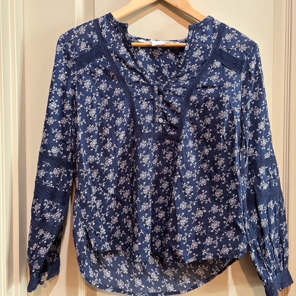 Veronica Beard Kent Cotton Floral Blouse Navy Blue Size 2 Boho